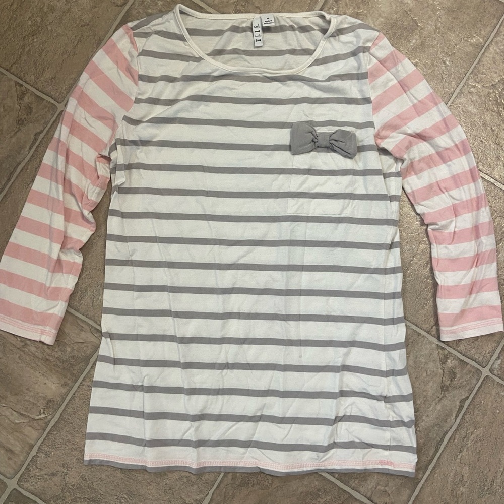 Elle Gray and Pink Striped Top with Bow 3/4 Sleeve